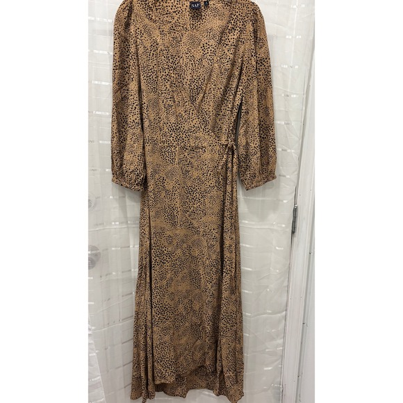 GAP Dresses & Skirts - Gap Women Tan Black Dalmatian Print Rayon Wrap Midi Dress Long Sleeve Size 4